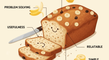 Illustration of banana bread with labels explaining content creation traits such as storytelling, relatability, problem-solving, and consistency